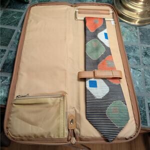 Folding Neck Tie Vintage Hanging Travel Case Tan Tweed Brown Trim Zipper Pocket